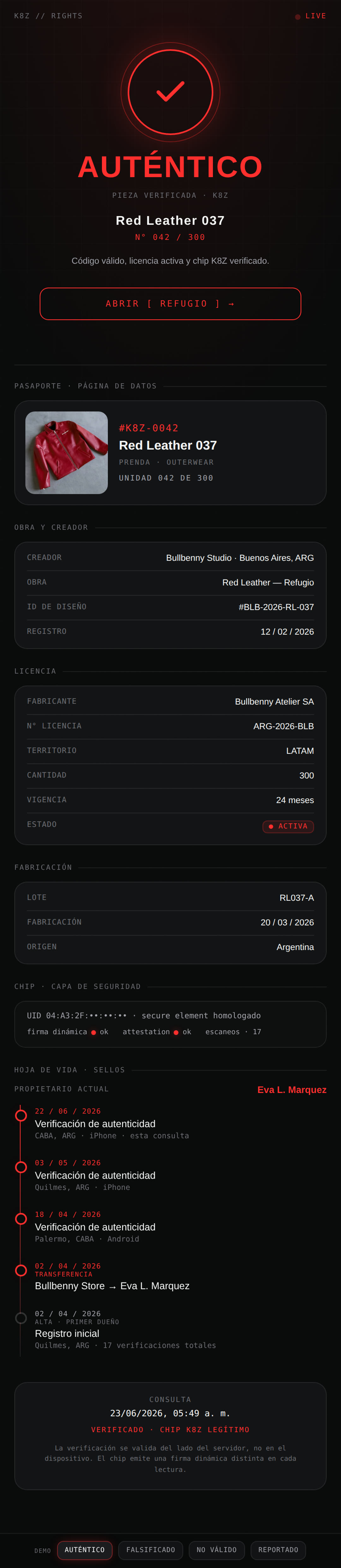 App Bullbenny REFUGIO — pasaporte de pieza verificada (AUTÉNTICO · K8Z)