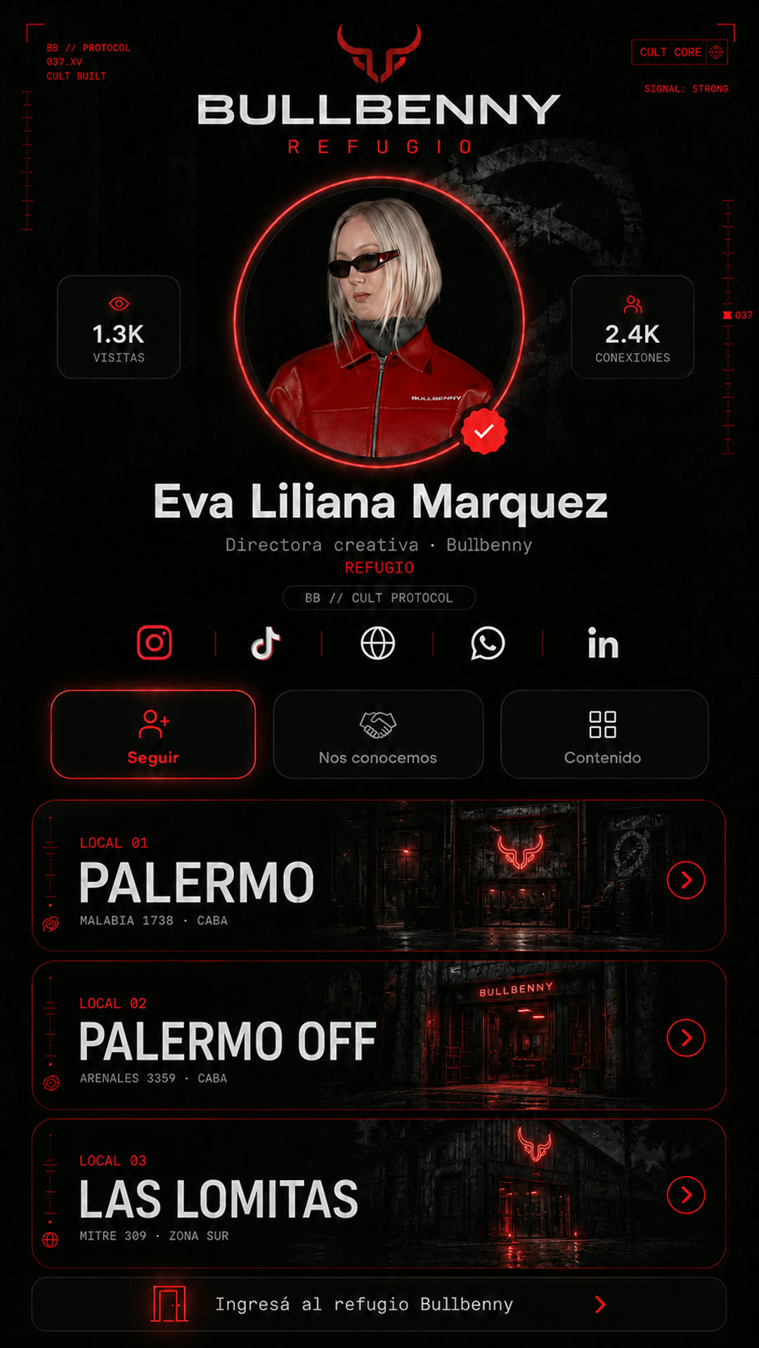 App Bullbenny REFUGIO — perfil del usuario (Eva Liliana Marquez · CULT CORE)